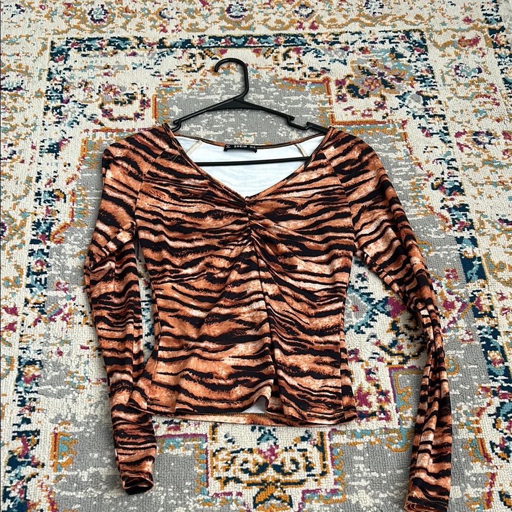 SHEIN Brown and Black Ruched Long Sleeve Blouse